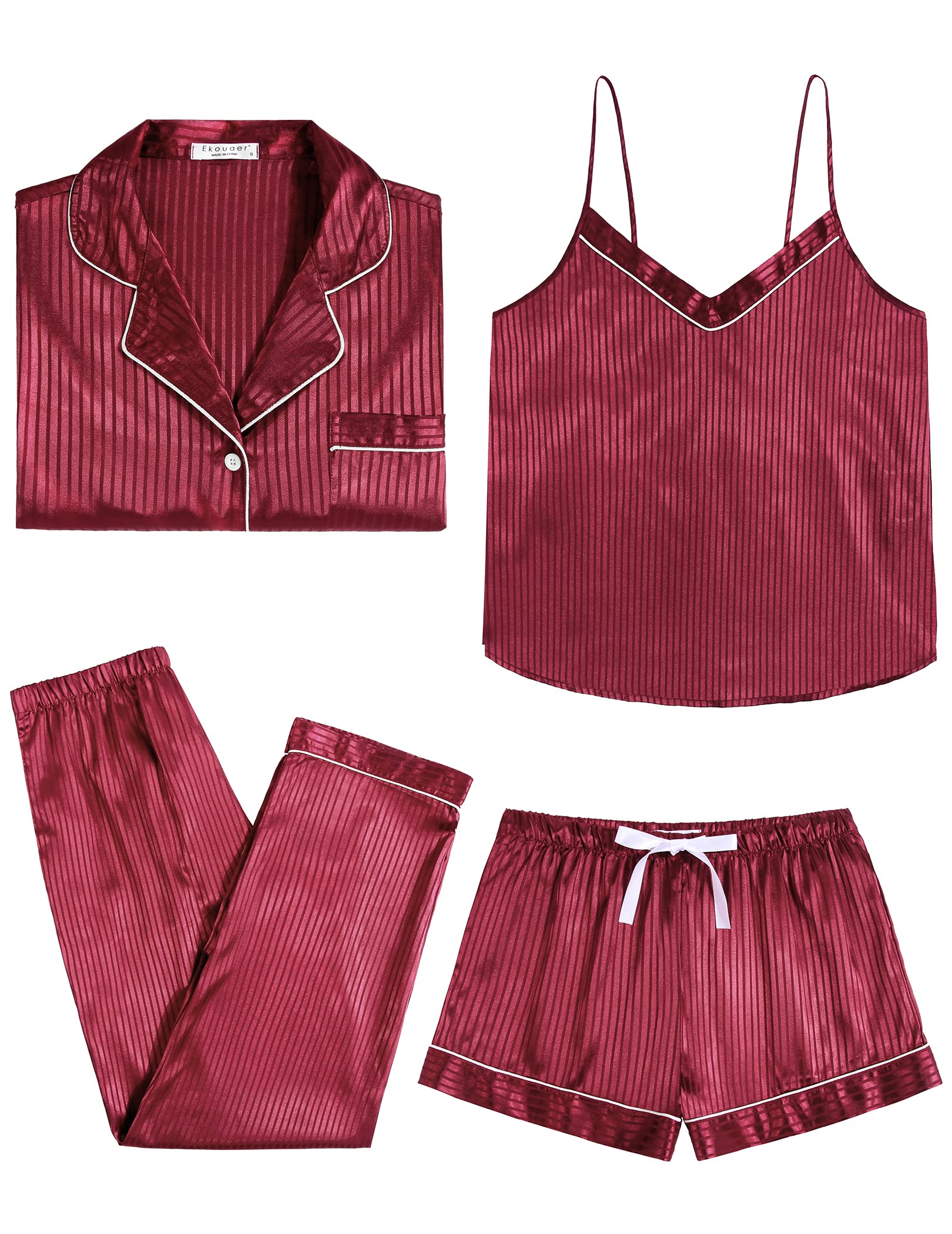 4-piece pajama set in wine red satin: shirt, camisole, pants, and drawstring shorts