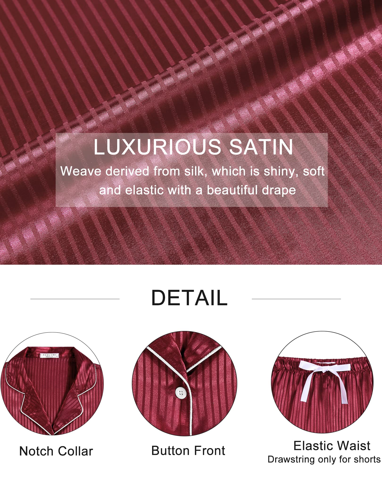 Wine red satin details: notch collar, button front, elastic waist shorts with tie