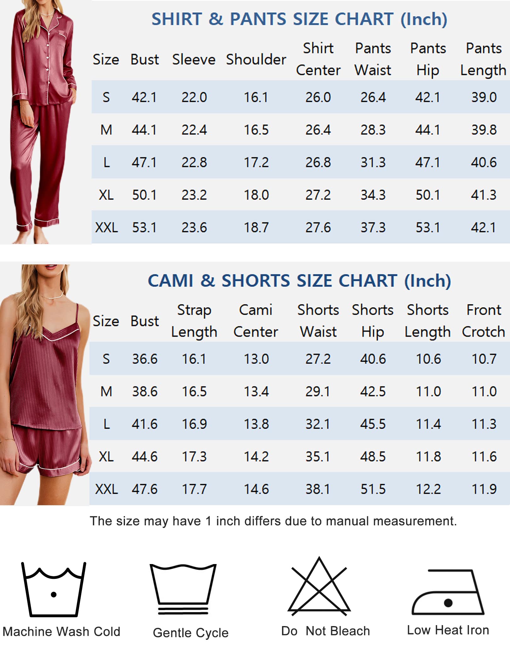 Size chart for satin pajama set: shirt & pants, plus cami & shorts measurements