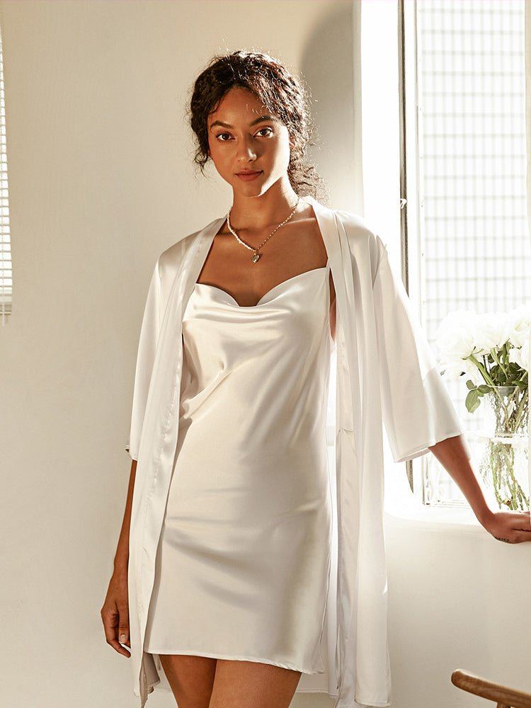 Satin robe and slip dress set, white, square neckline and flowing robe
