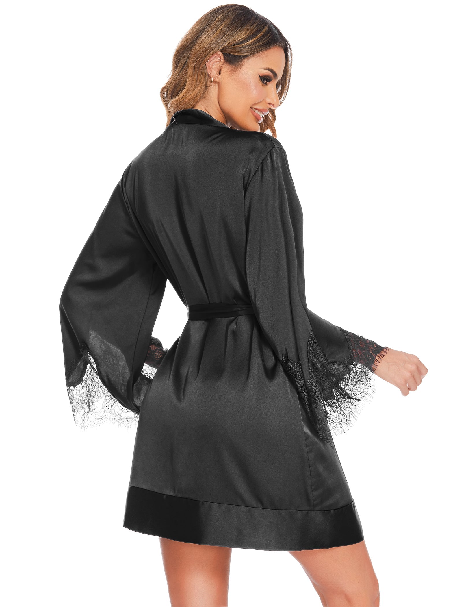 Ekouaer satin short robe in black, back view with tie belt and lace-trimmed sleeves