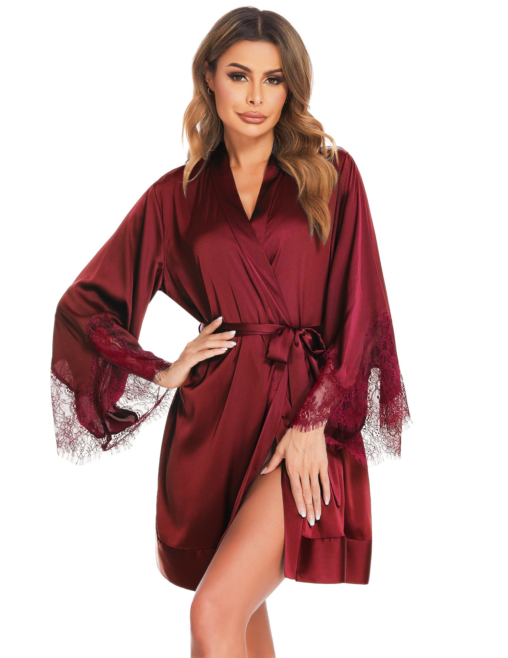 Ekouaer satin short robe in red with V-neck wrap, tie belt and lace-trimmed sleeves
