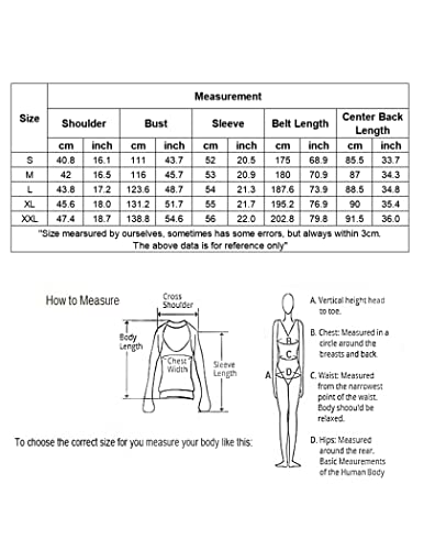 Satin short robe size chart with measurement table for shoulder, bust, sleeve and belt