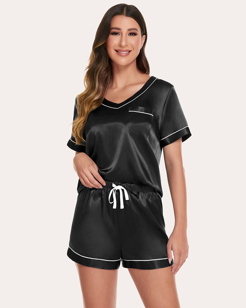 Black satin short-sleeve pajama set with V-neck trim and drawstring waist shorts