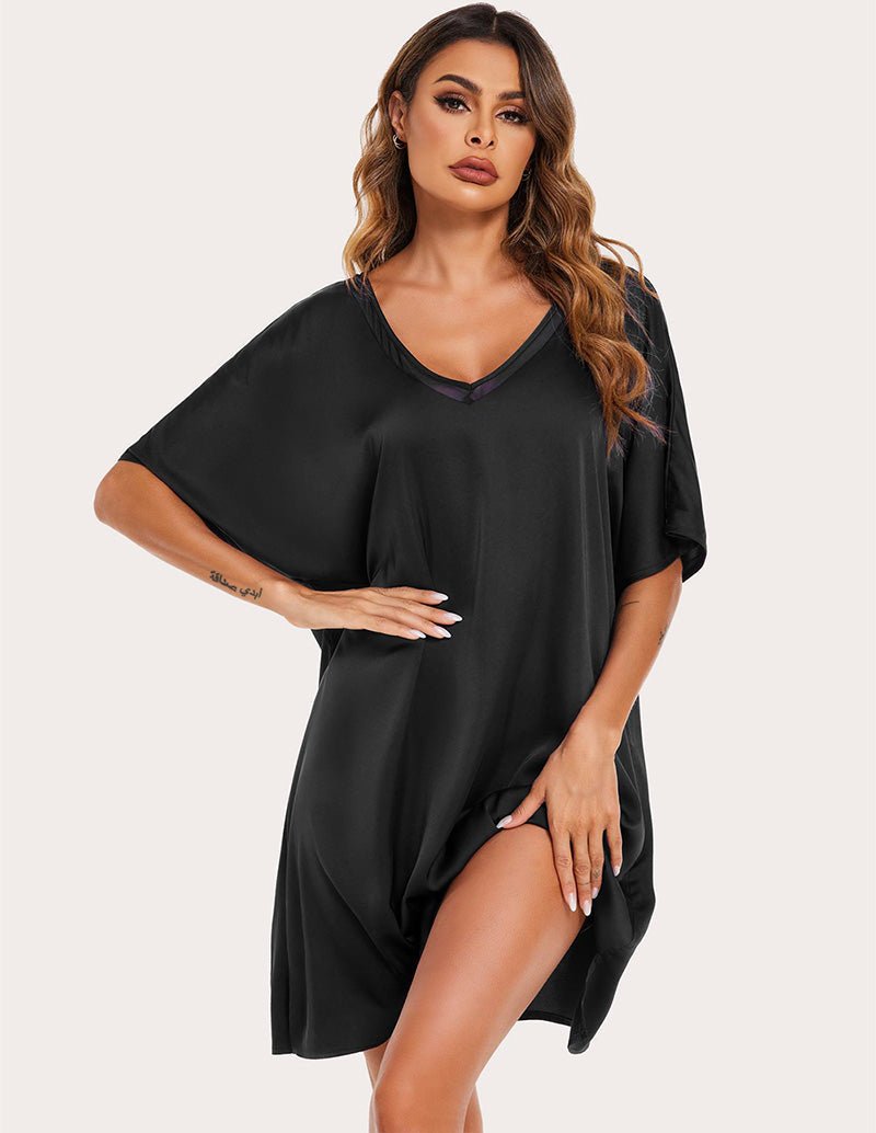 Black satin silk night dress with V-neck, loose short sleeves, side slit detail
