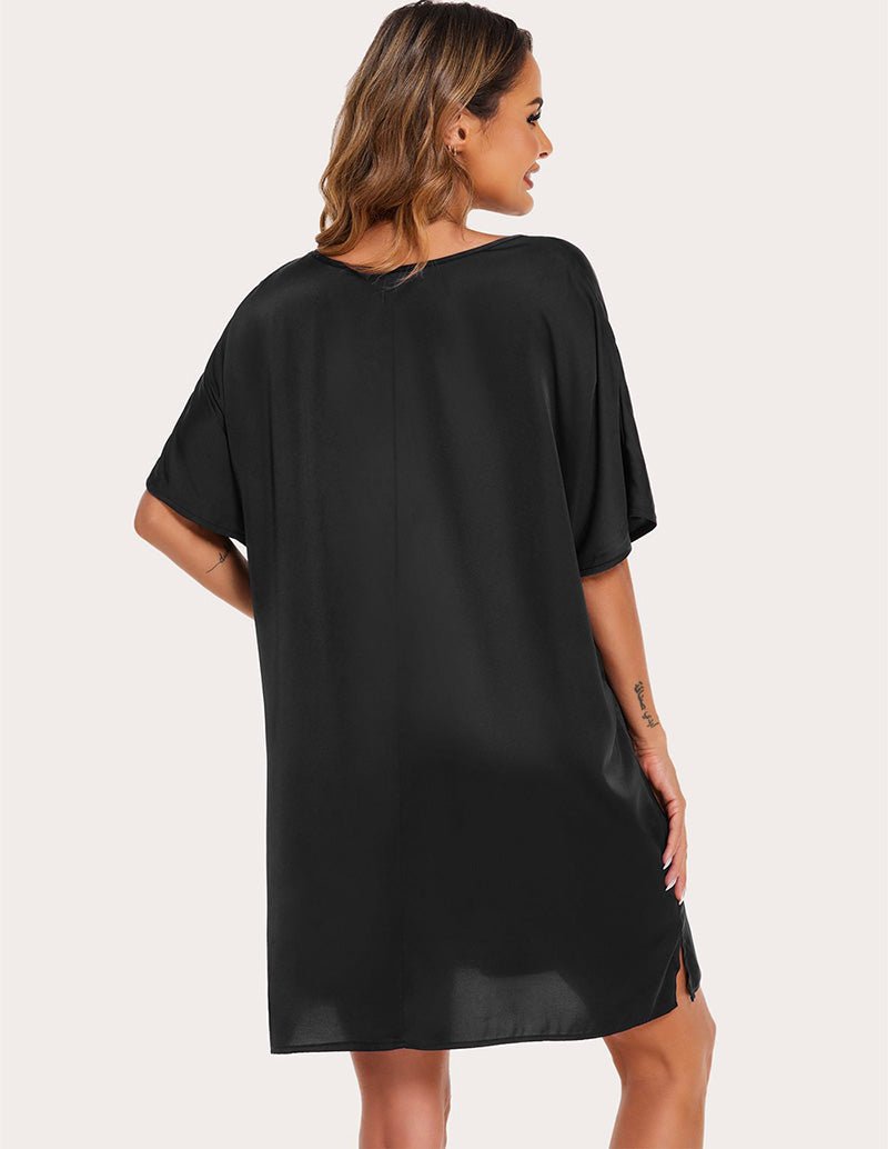 Black satin silk night dress, back view, V-neck and draped short sleeves