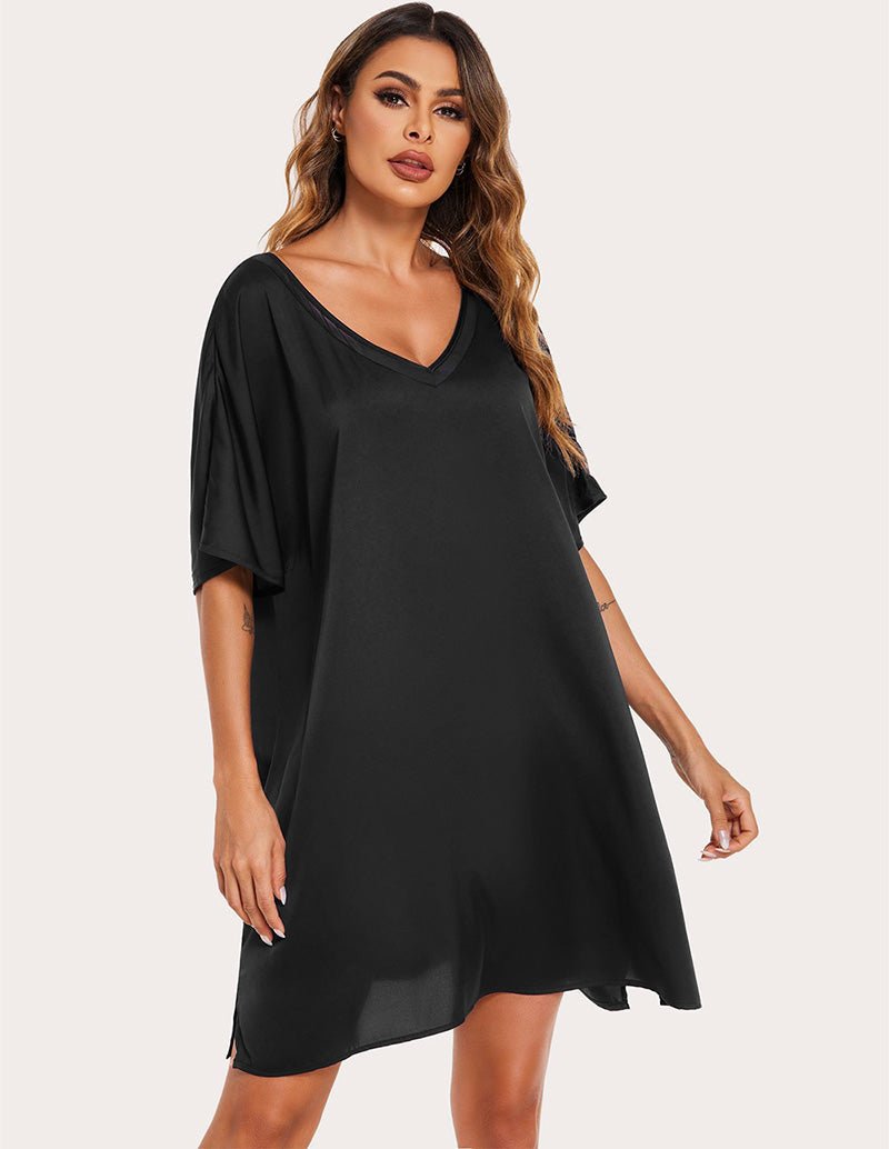 Black satin silk night dress with V-neck, loose fit and short sleeves, above-knee length