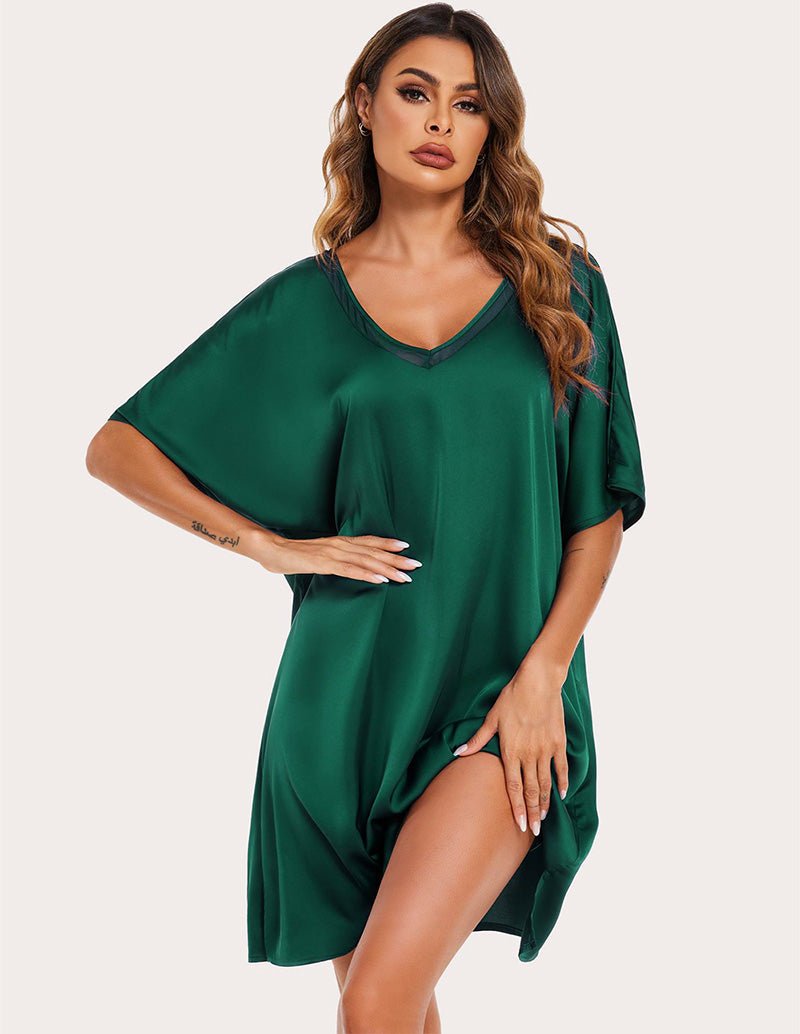 Dark green satin silk night dress with V-neck, loose sleeves and side slit at hem