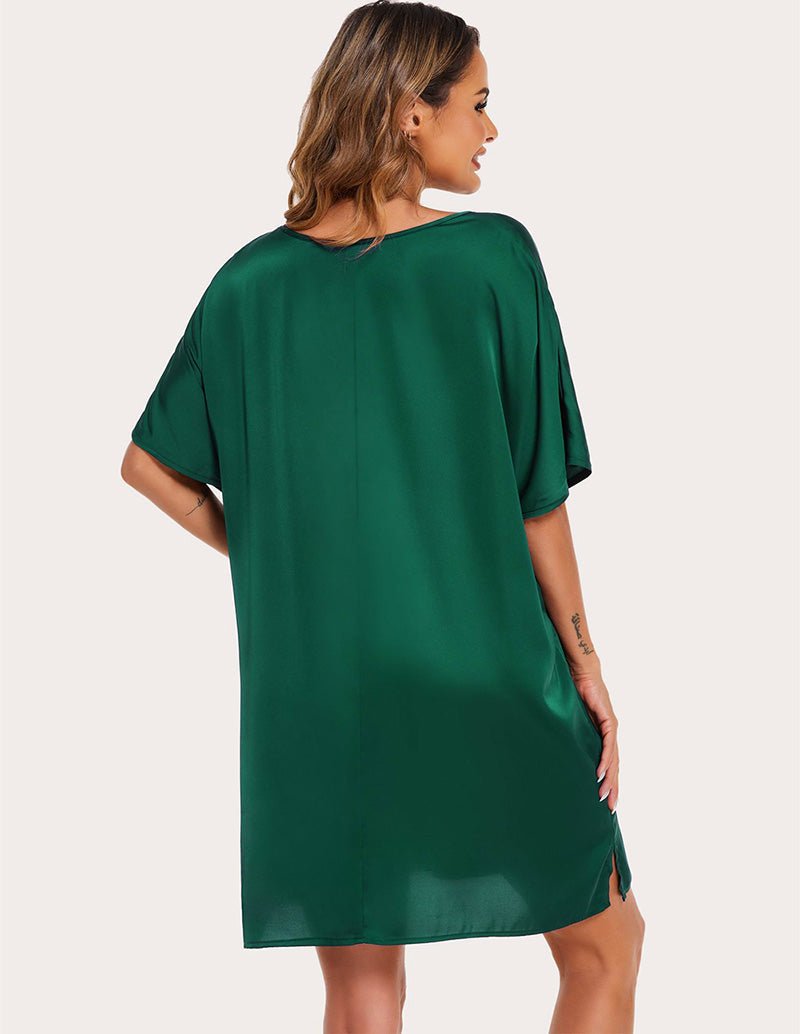 Dark green satin silk night dress, back view with V-neck and draped short sleeves