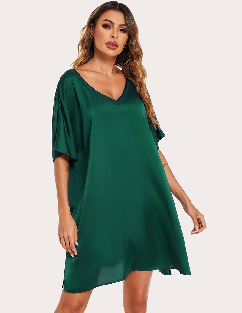 Dark green satin silk night dress with V-neck and short draped sleeves, above-knee length