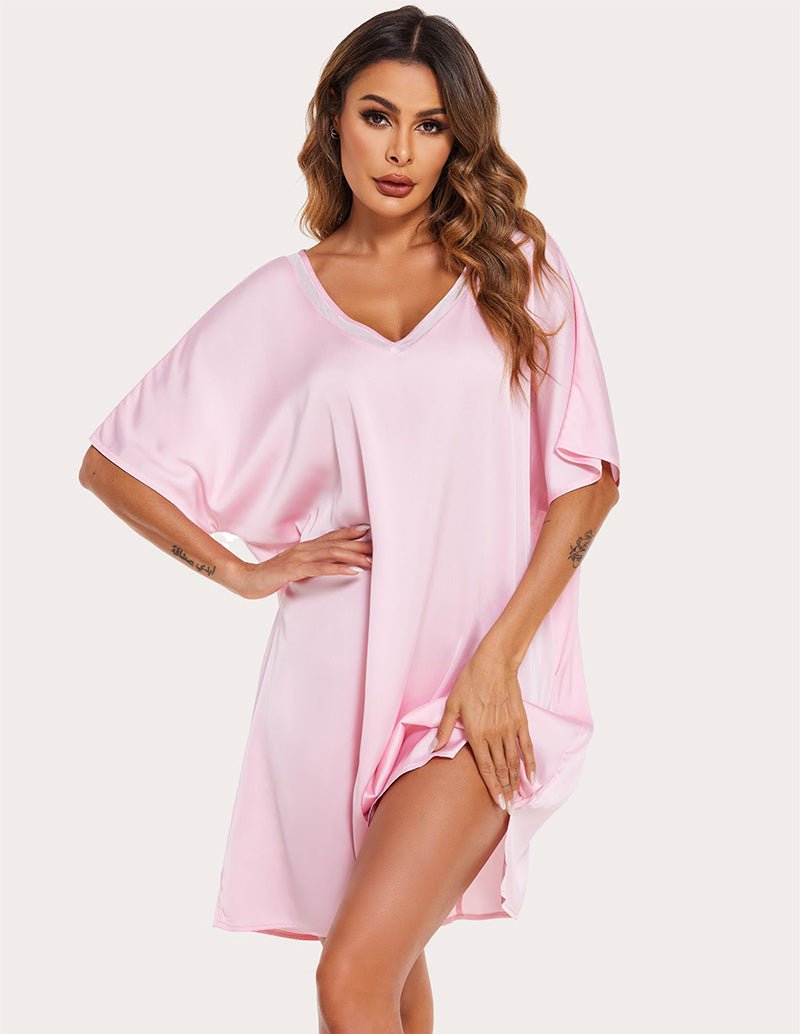 Misty rose satin night dress with V-neck, draped cowl-like front and short sleeves