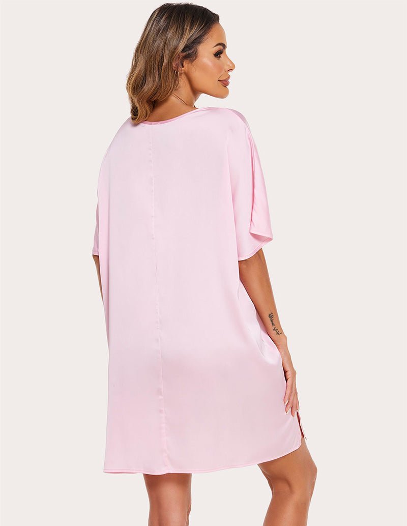 Misty rose satin night dress, V-back and short sleeves, loose above-knee fit