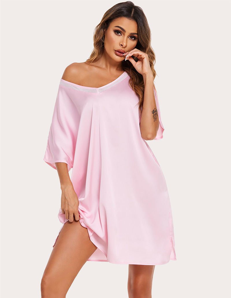 Misty rose satin night dress with V-neck and short loose sleeves, above-knee length