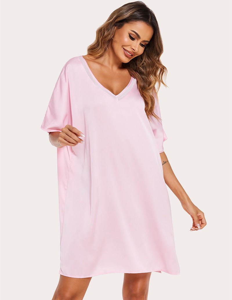 Misty rose satin night dress with V-neckline and relaxed short sleeves, flowy hem