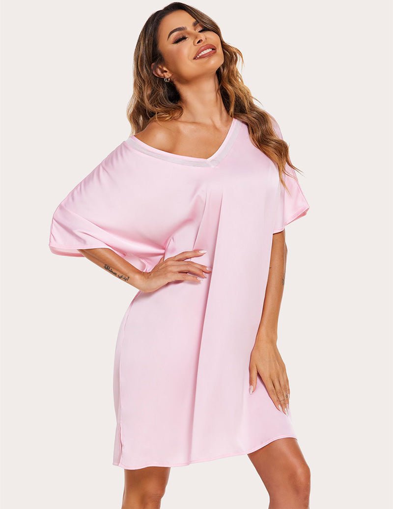 Misty rose satin night dress with V-neck and short sleeves, relaxed silhouette