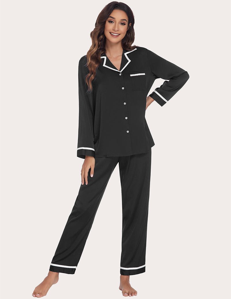 Black satin silk pajama set, front angled button shirt with chest pocket and straight-leg pants