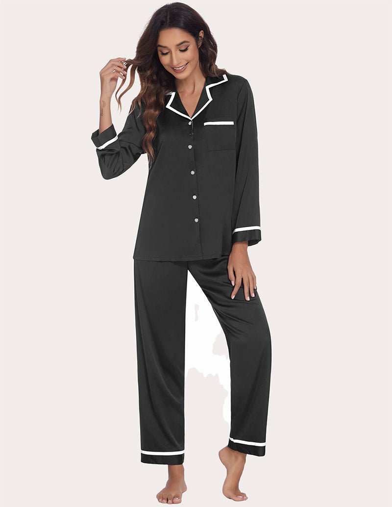 Black satin silk pajama set, notch-collar button shirt with pocket and contrast piping; pants