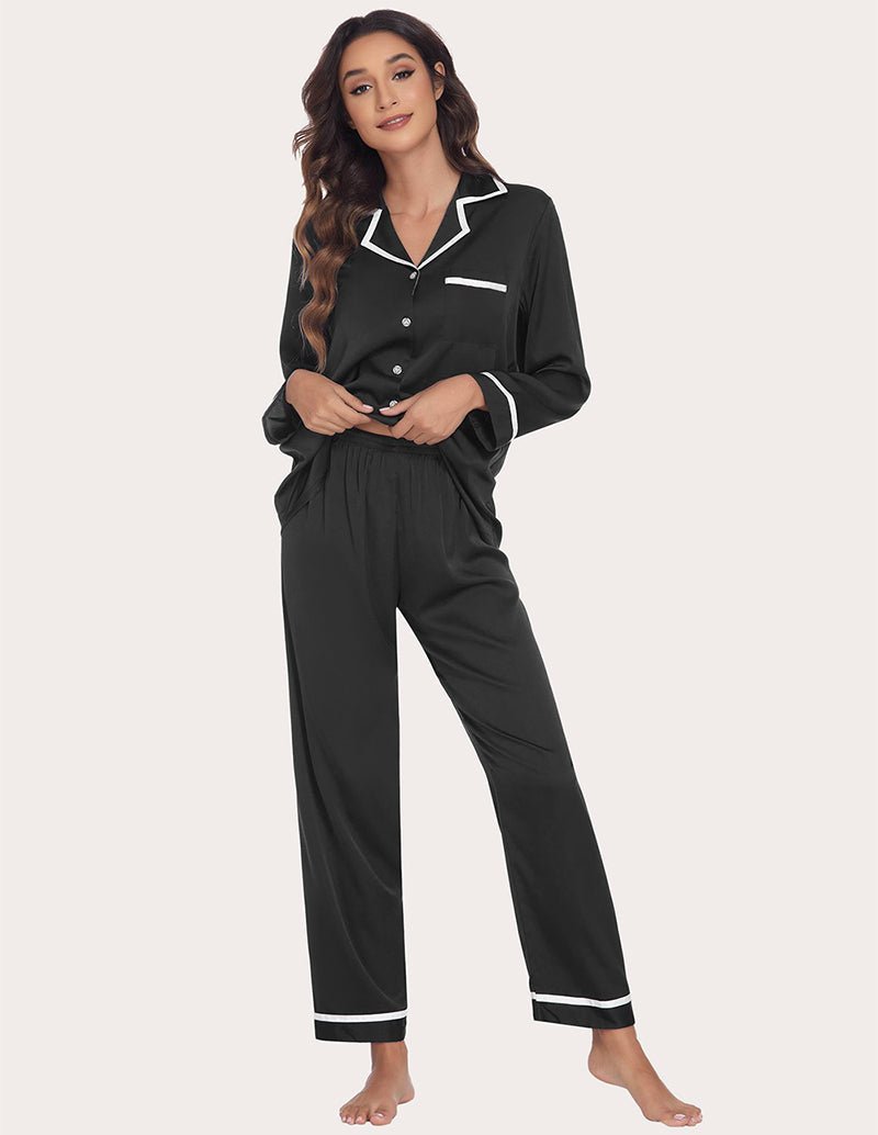 Black satin silk pajama set, notch-collar button shirt with pocket and cuffed straight pants