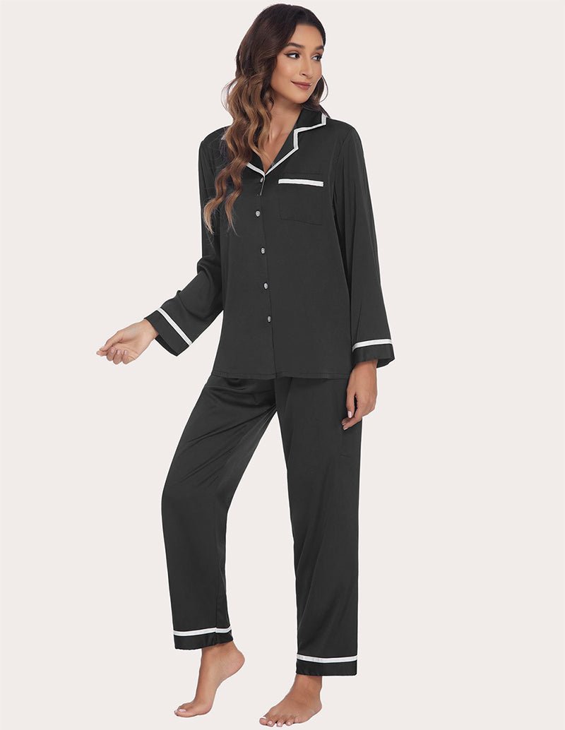 Black satin silk pajama set, button shirt and cuffed straight pants with contrast piping