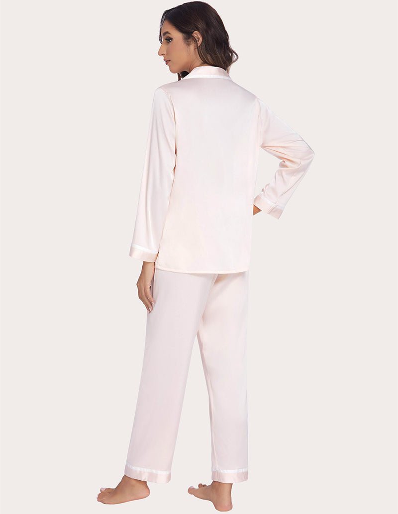 Champagne satin silk pajama set, back view of button shirt and straight pants with trim