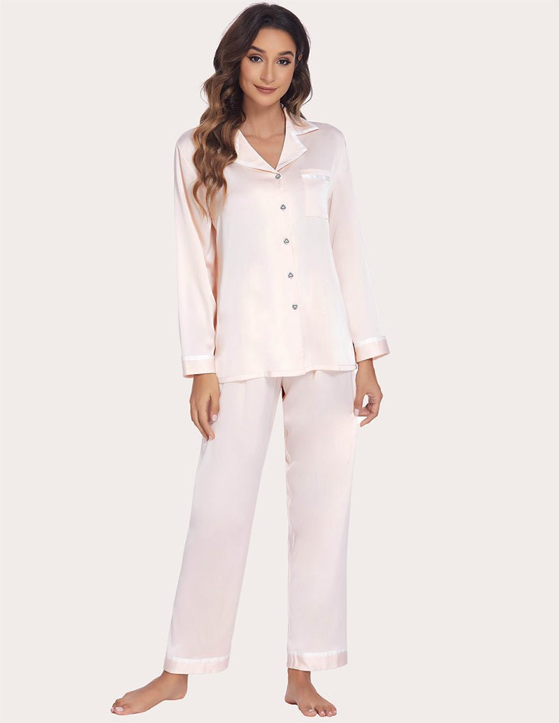 Champagne satin silk pajama set, button shirt and straight-leg pants with contrast cuffs