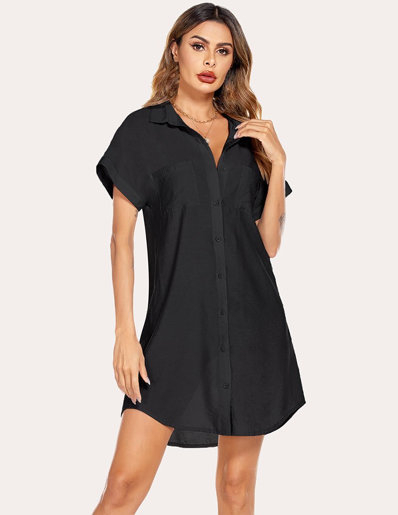 Black shirt dress, front view, short sleeves, button front, collared neckline