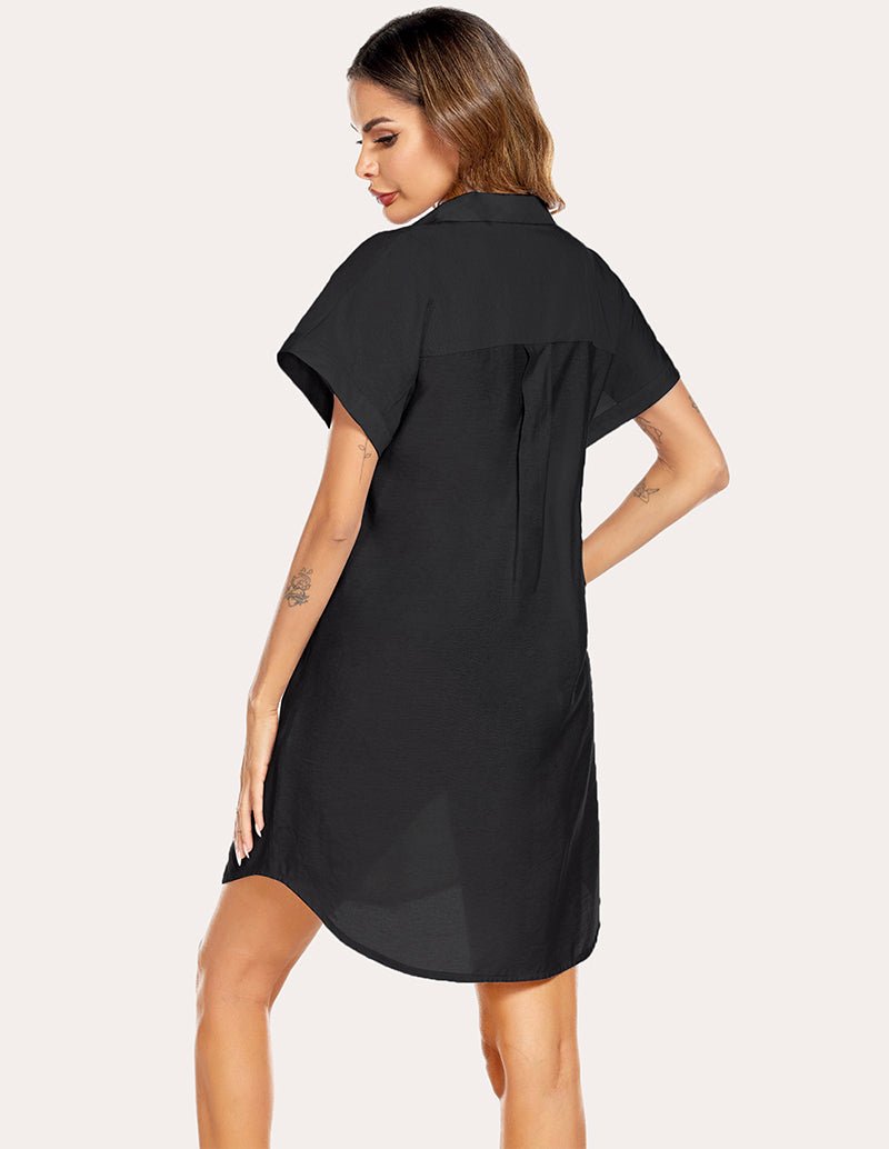 Black shirt dress, back view, short sleeves, button placket, straight hem