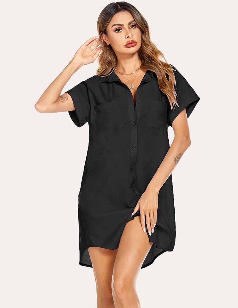 Black shirt dress, short sleeves, button front, pointed collar, curved hem