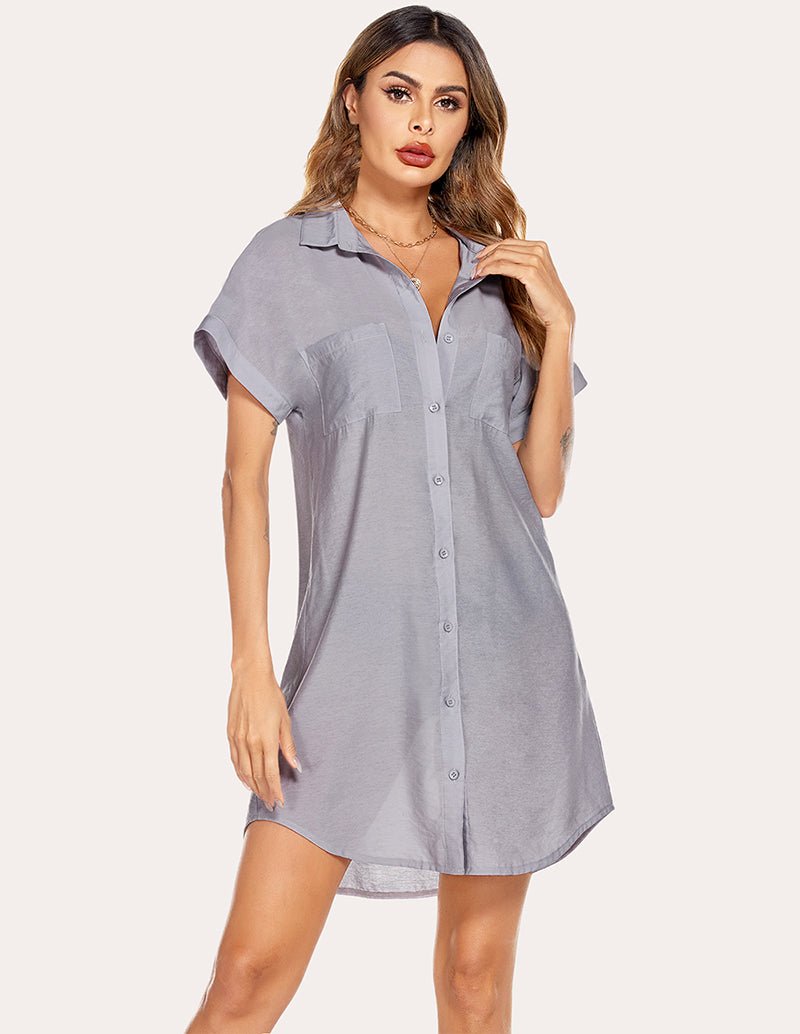 Misty grey shirt dress, front view, short sleeves, button front, collared neckline