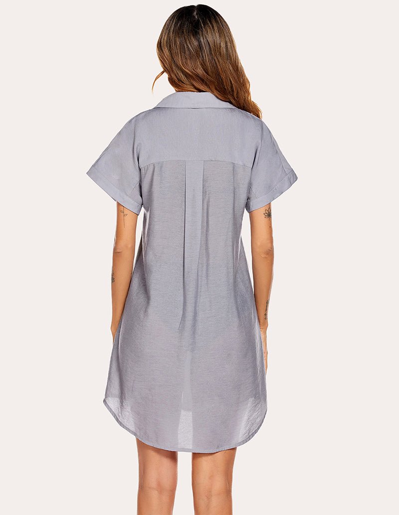 Misty grey shirt dress, back view, short sleeves, button placket, curved hem