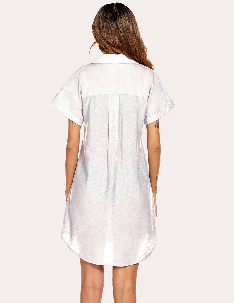 White shirt dress, back view, short sleeves, button-front, loose A-line cut
