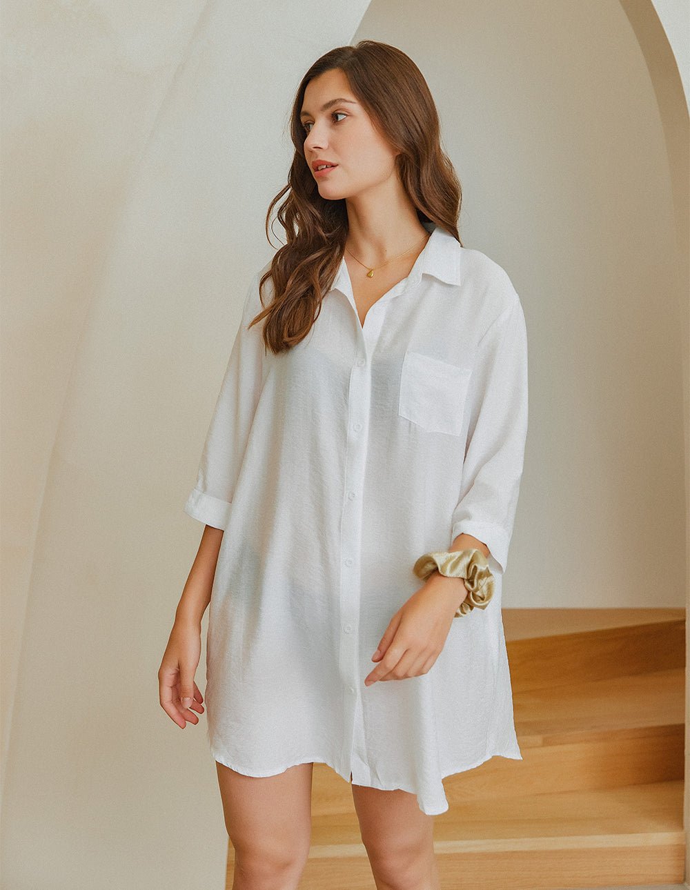 White shirt sleep dress with collar and chest pocket