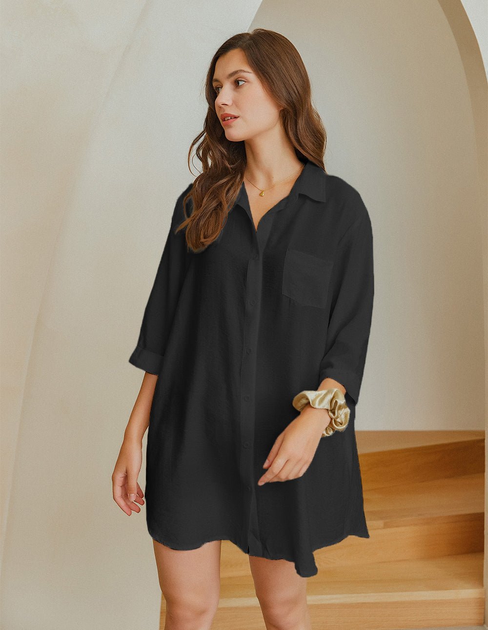 Black shirt sleep dress with button front and chest pocket, relaxed fit