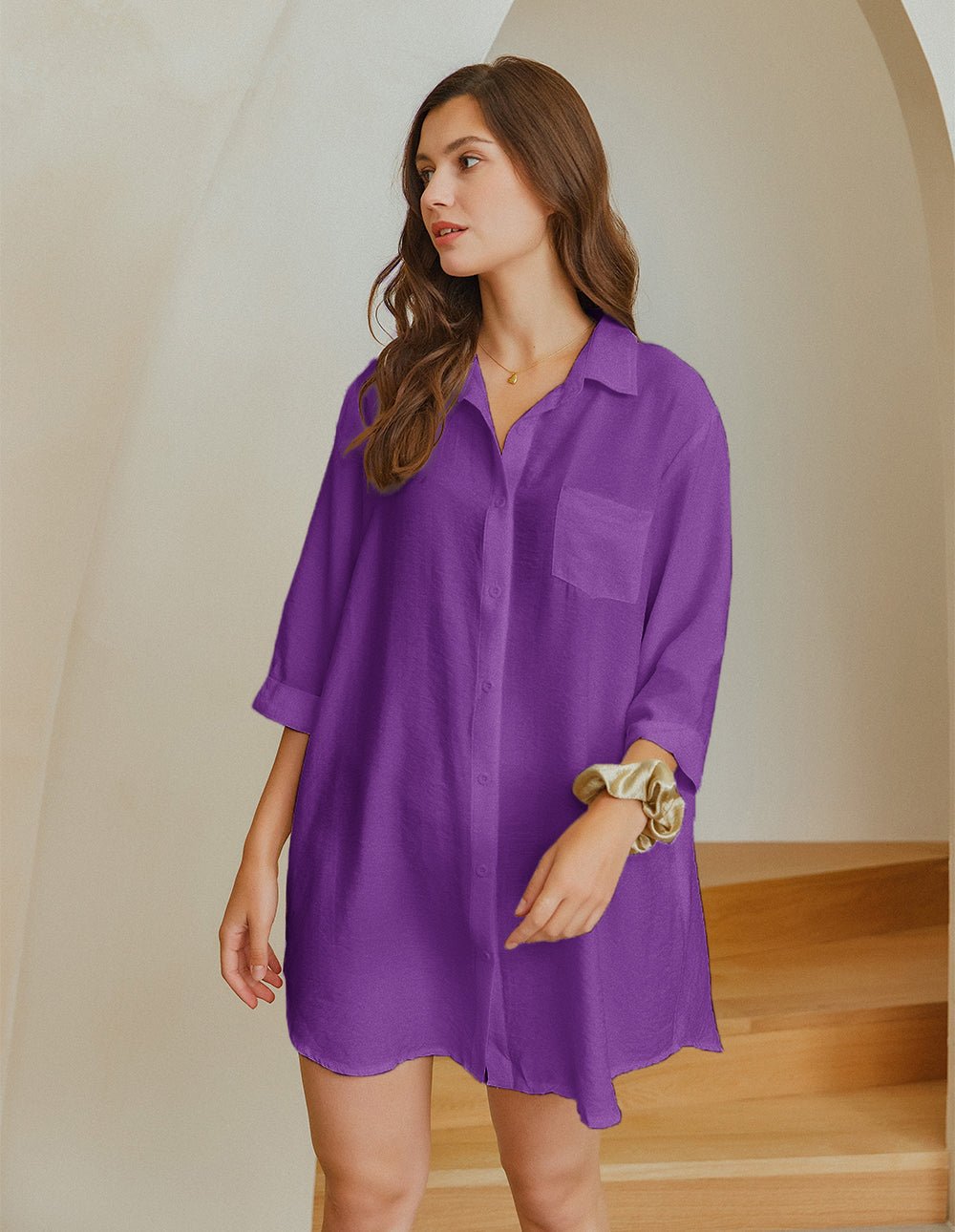 Purple shirt sleep dress with button front, chest pocket, and rolled sleeves