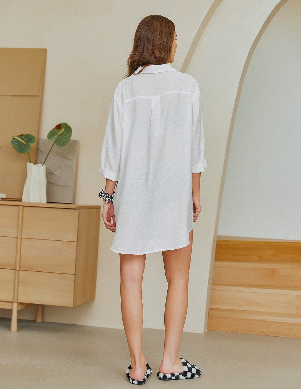 White shirt sleep dress, back view, button front and rolled 3/4 sleeves