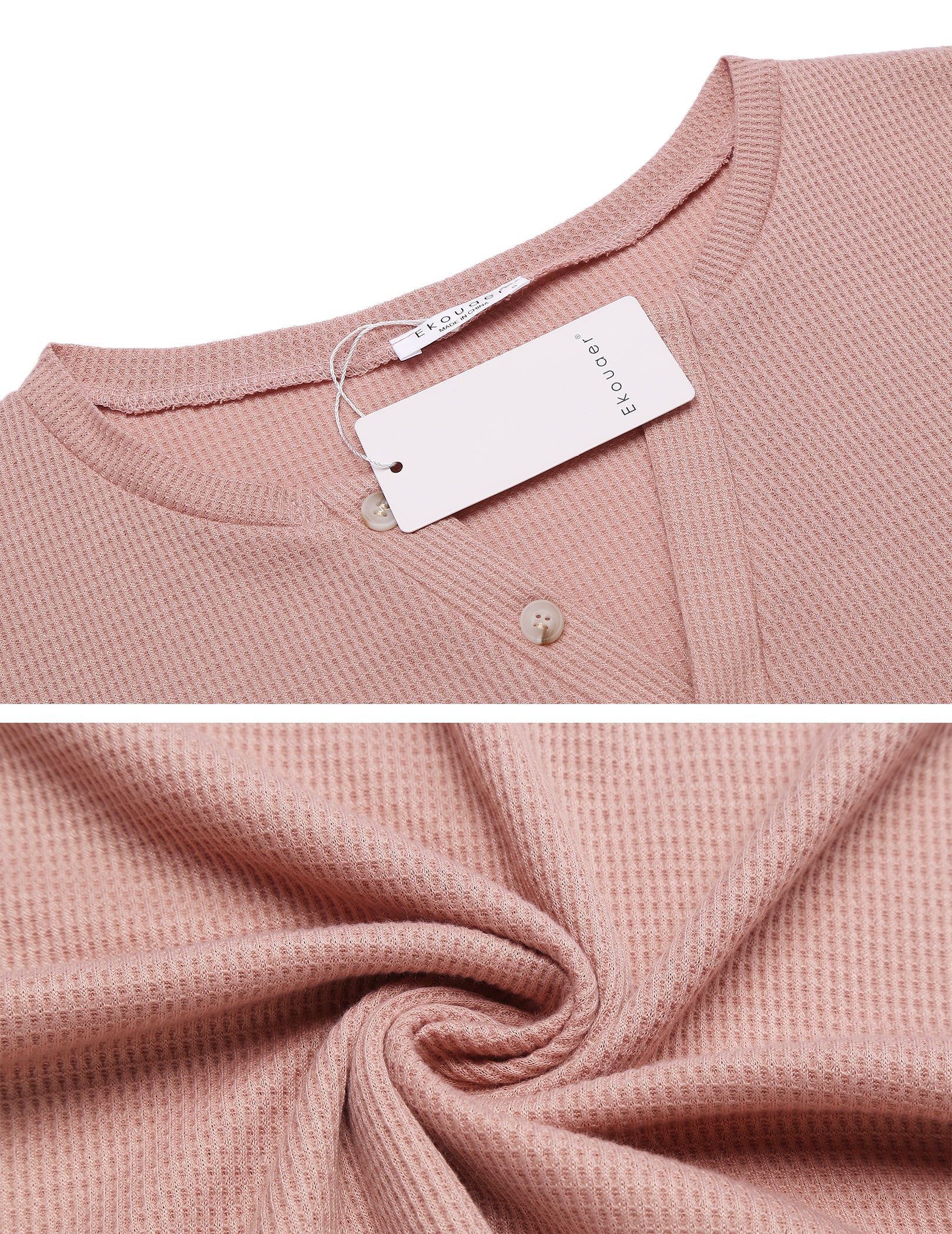 Pink textured knit button-front top with collar and size tag
