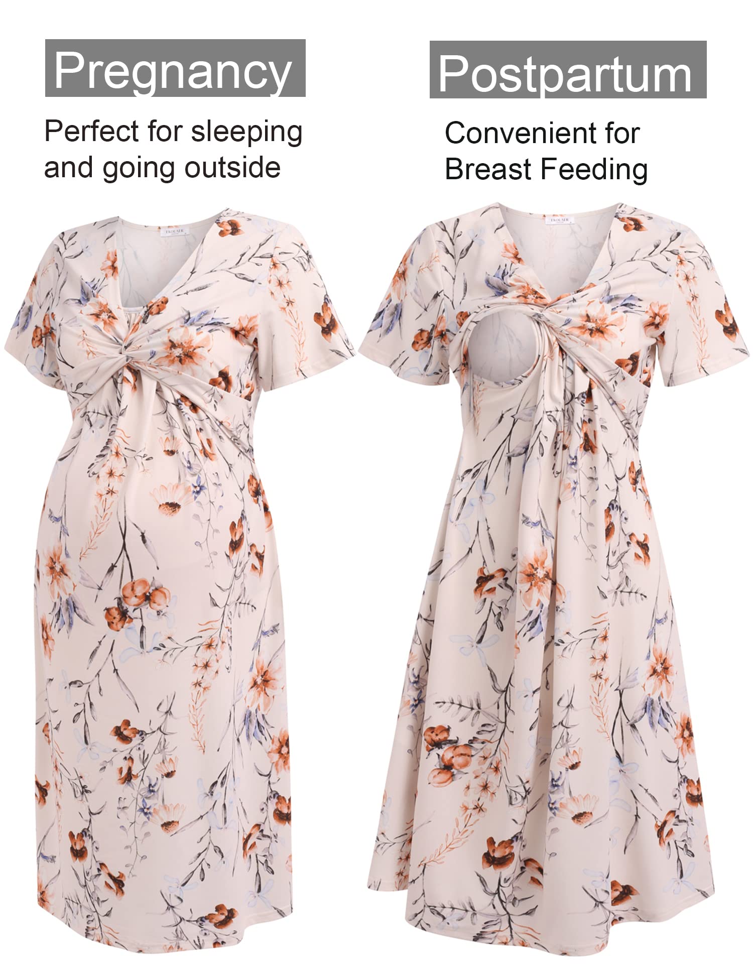 Floral maternity nursing dress with V-neck, short sleeves, and twist front detail