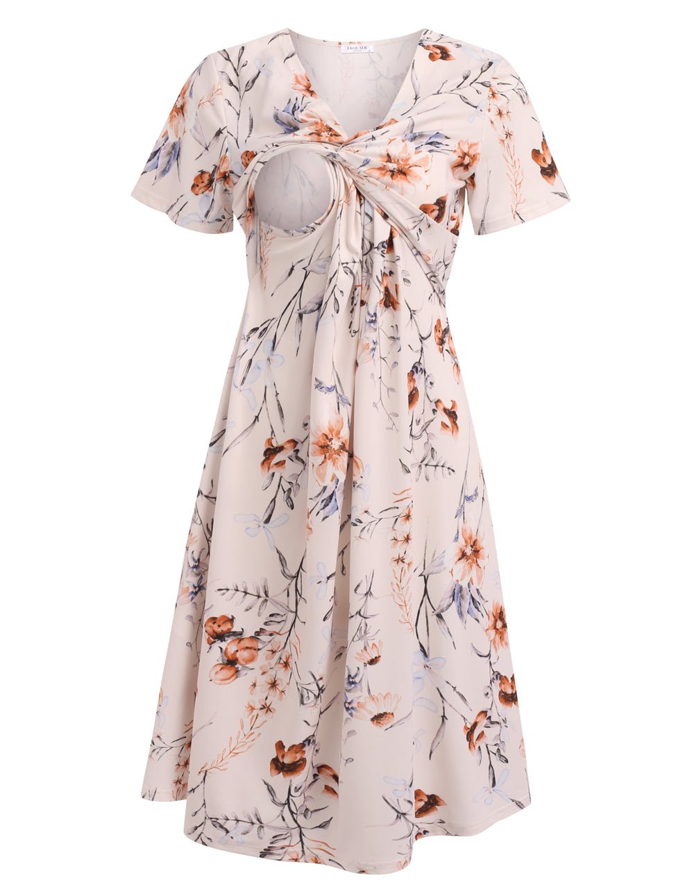 Floral maternity nursing dress, tied V-neck, short sleeves, blush with orange flower print