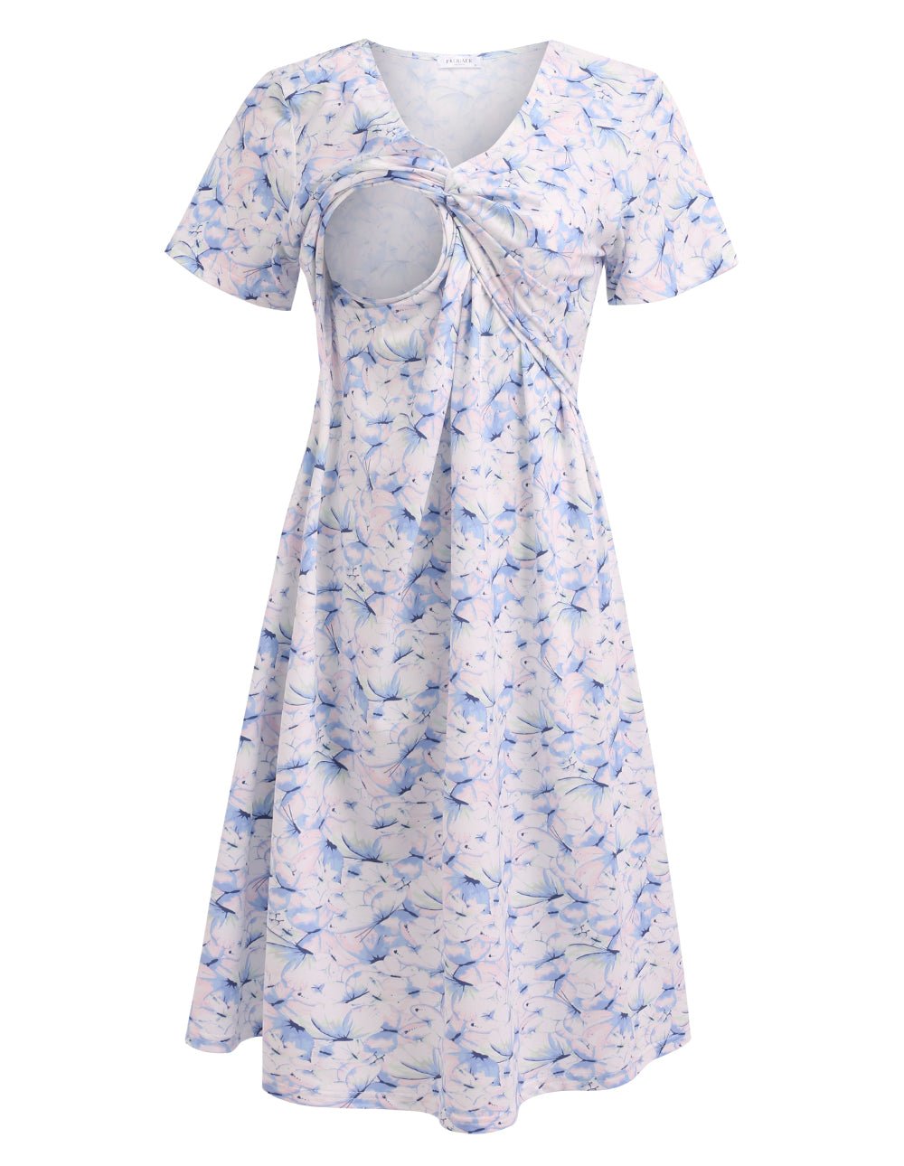 Floral maternity nursing dress, tied V-neck, short sleeves, light blue floral sprig print