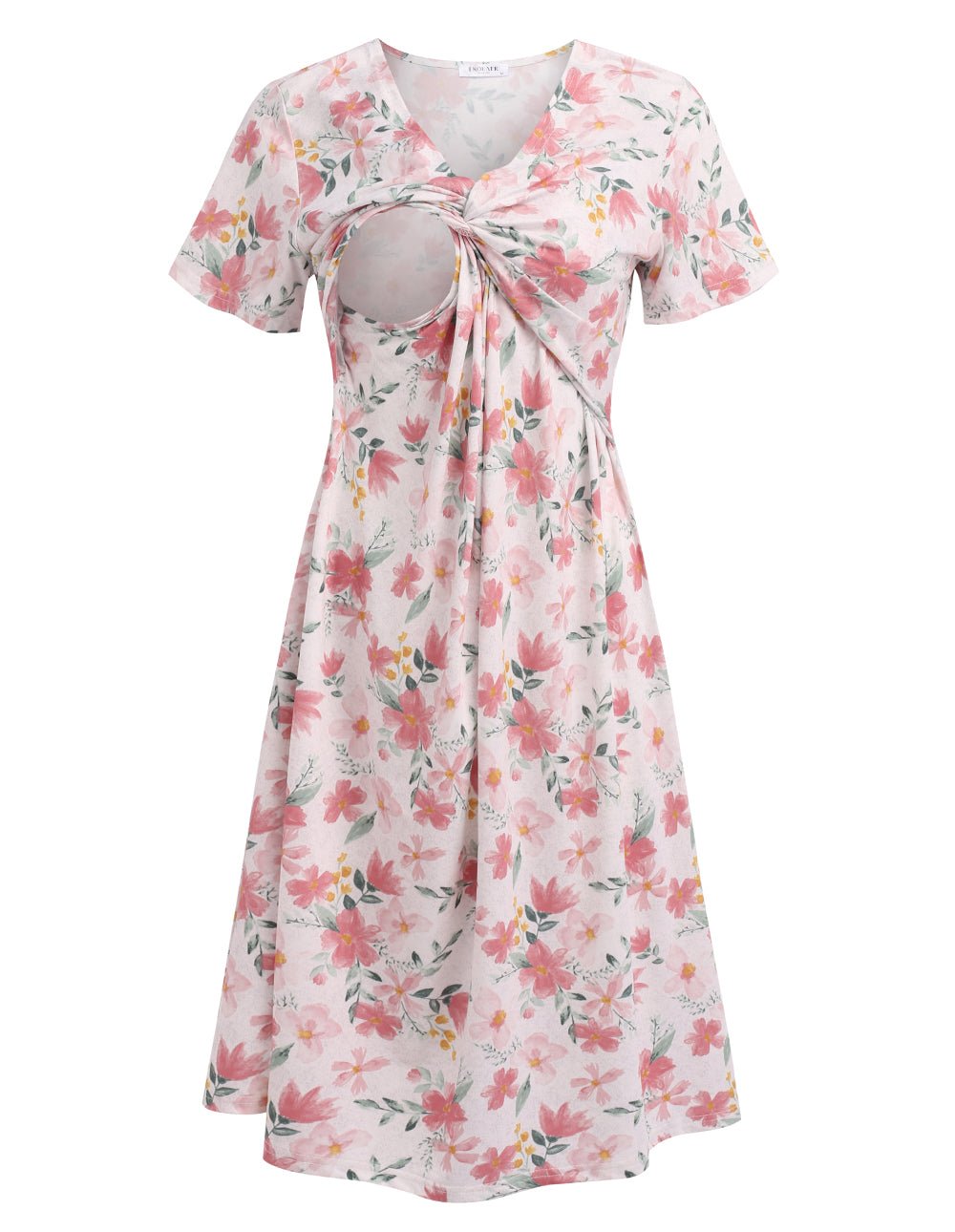 Light pink floral maternity nursing dress with twist front and short sleeves