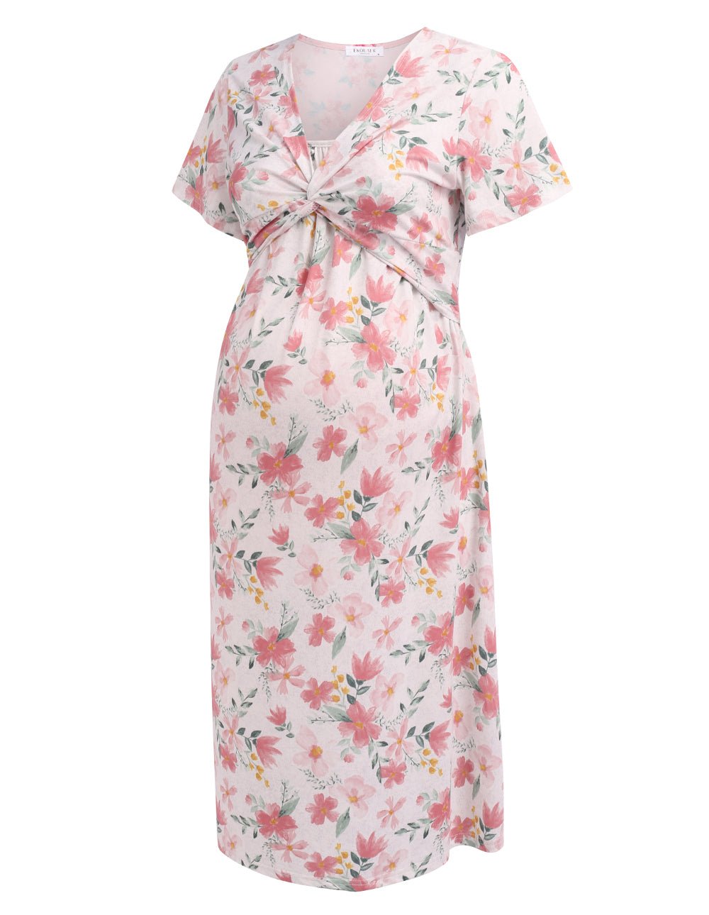 Light pink floral maternity nursing dress with twisted front and short sleeves