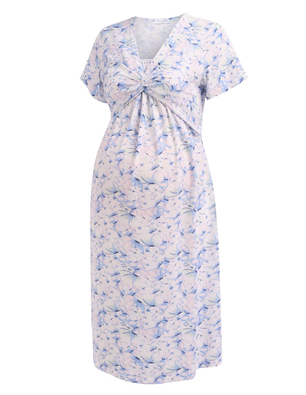 Floral maternity nursing dress, tied V-neck front, short sleeves, light blue allover floral