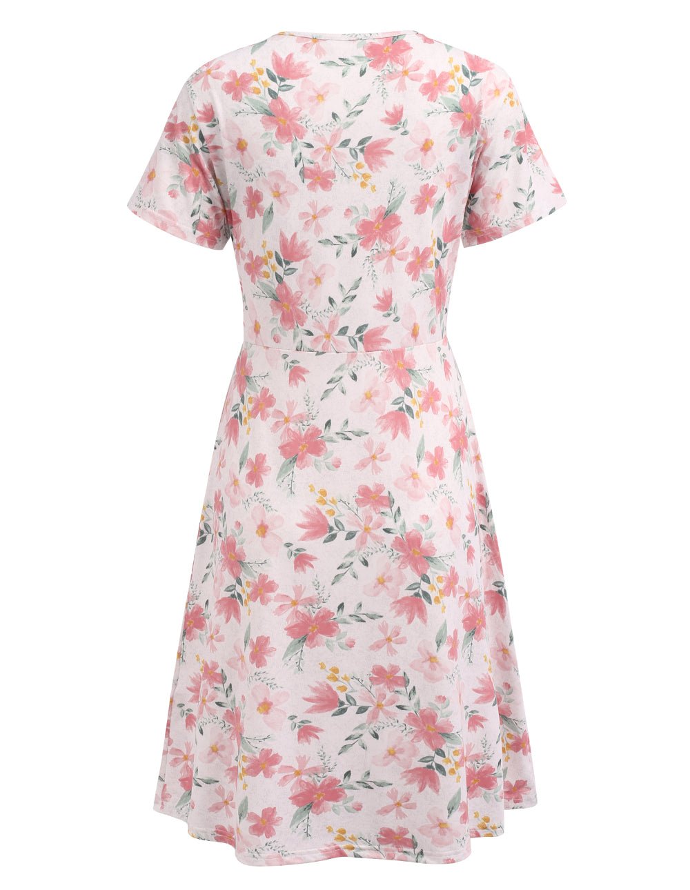 Light pink floral maternity dress with short sleeves and scoop back