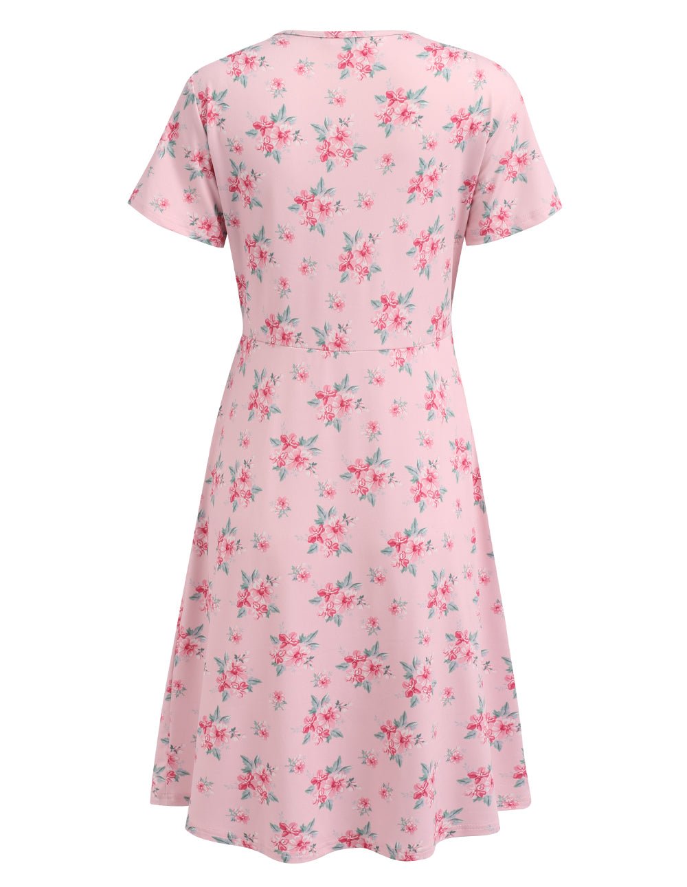 Pink floral maternity dress with short sleeves, scoop back, and gathered waist