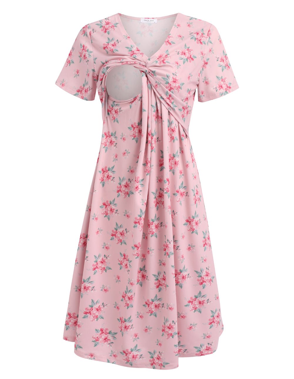 Pink floral maternity nursing dress with V-neck twist and short sleeves