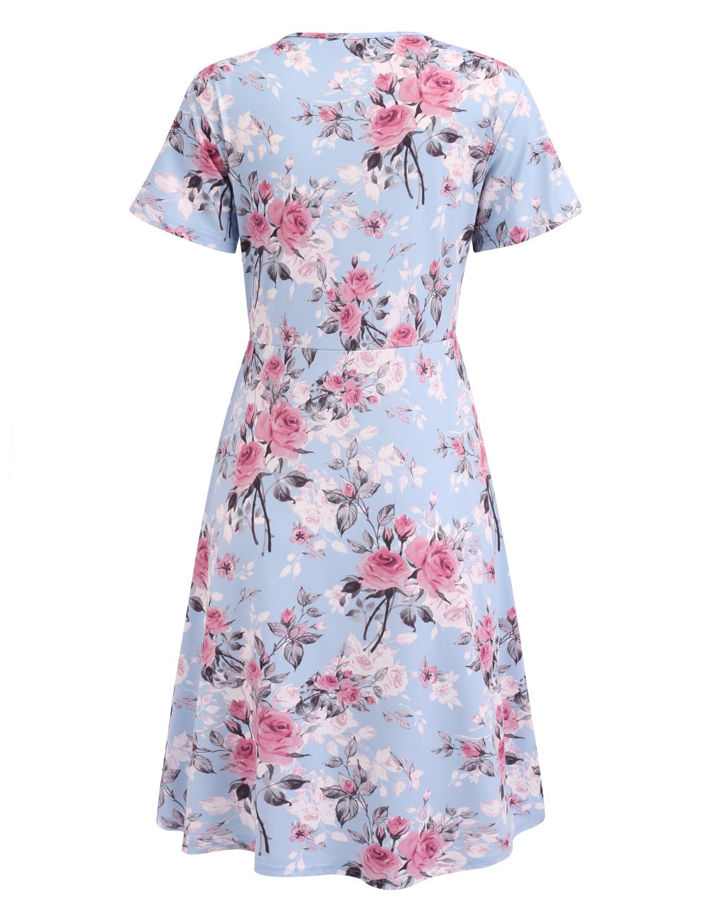 Floral maternity nursing dress, short sleeves, V-neck, light blue with pink rose print