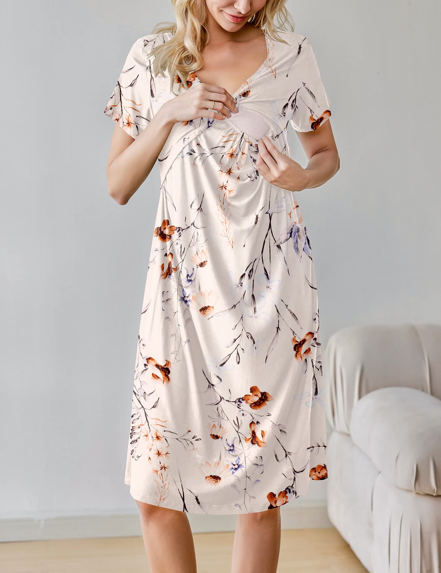 Maternity nursing dress with short sleeves, V-neck, and beige floral print