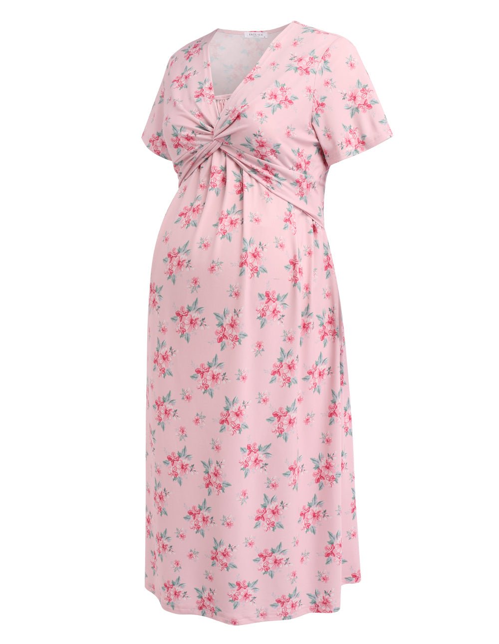 Pink floral maternity nursing dress with twisted neckline and short sleeves