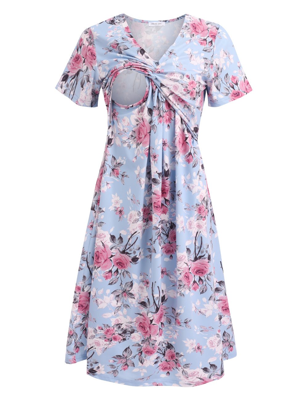 Floral maternity nursing dress, tied V-neck front, short sleeves, light blue and pink