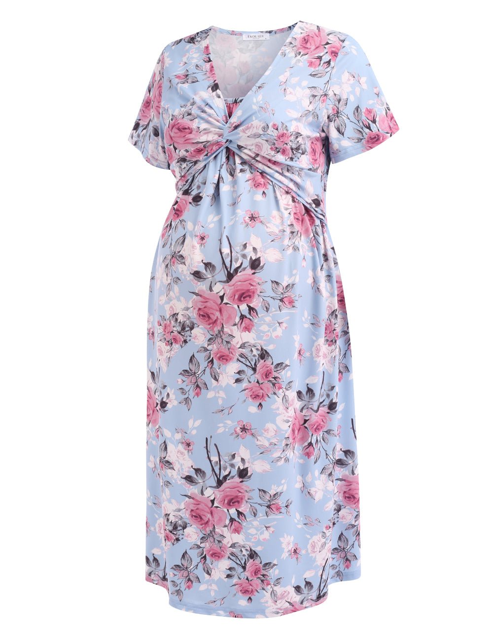 Floral maternity nursing dress, tied V-neck, short sleeves, light blue and pink bouquet print
